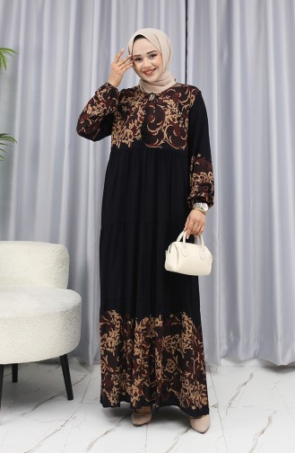 Sulu Desen Elbise 4082-01 Siyah Kahverengi