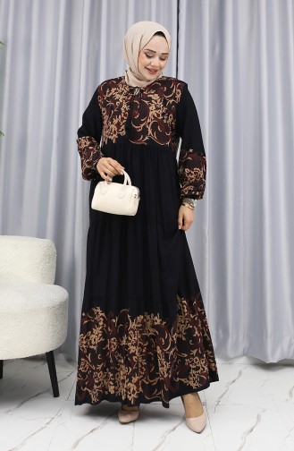 Sulu Desen Elbise 4082-01 Siyah Kahverengi