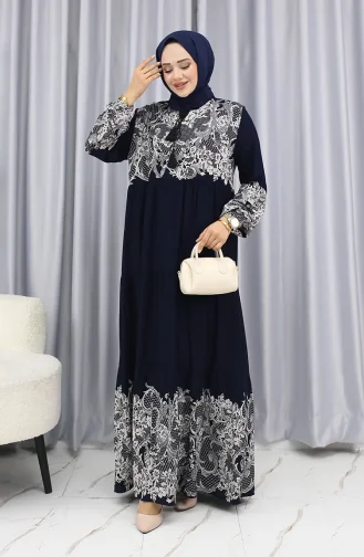 Sulu Desen Elbise 4082-03 Lacivert Beyaz