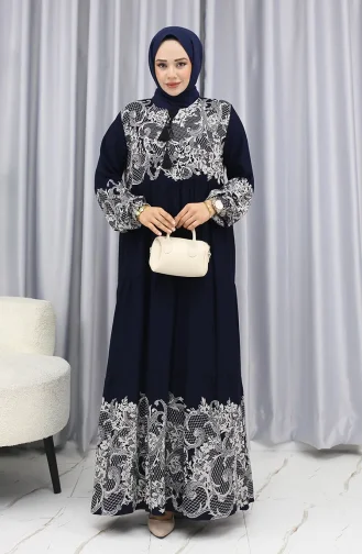 Sulu Desen Elbise 4082-03 Lacivert Beyaz