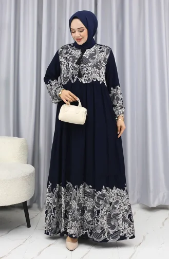 Sulu Desen Elbise 4082-03 Lacivert Beyaz