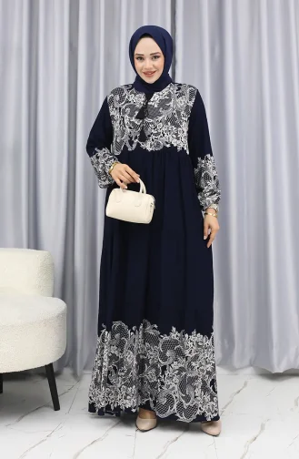 Sulu Desen Elbise 4082-03 Lacivert Beyaz