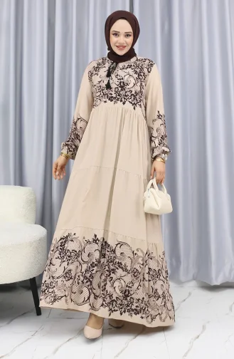 Sulu Desen Elbise 4082-07 Taş
