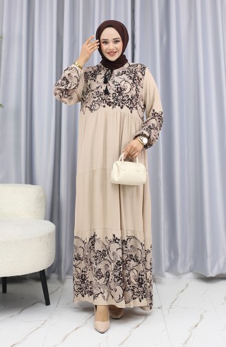 Sulu Desen Elbise 4082-07 Taş