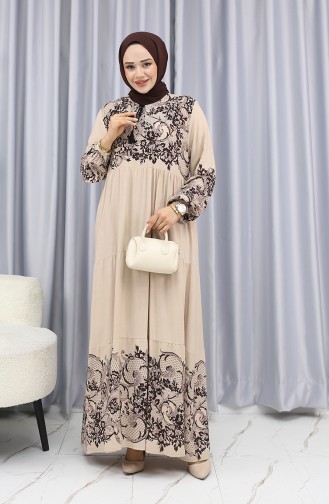Sulu Desen Elbise 4082-07 Taş