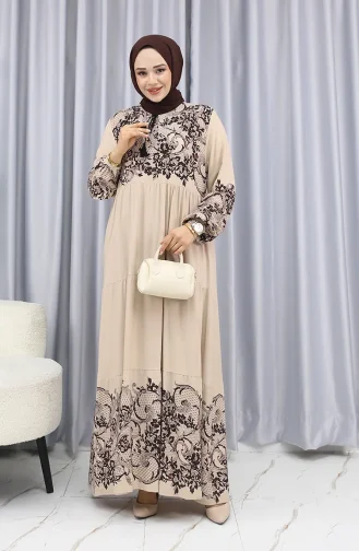 Sulu Desen Elbise 4082-07 Taş