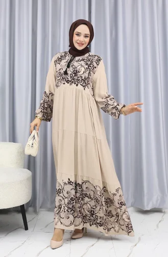 Sulu Desen Elbise 4082-07 Taş