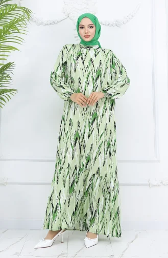 Viscose Fabric Elastic Sleeve Patterned Dress 2017-04 Green 2017-04