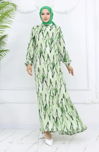 Viscose Fabric Elastic Sleeve Patterned Dress 2017-04 Green 2017-04