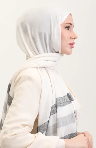 Çizgi Desenli Keten Şal 70287-05 Siyah Gri