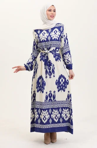 Patterned Viscose Dress 0006-06 Indigo Beige 0006-06