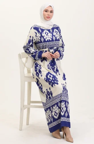 Patterned Viscose Dress 0006-06 Indigo Beige 0006-06