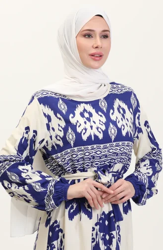 Patterned Viscose Dress 0006-06 Indigo Beige 0006-06