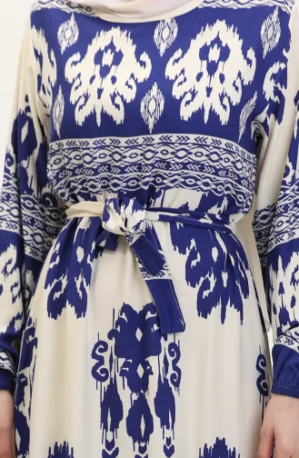 Patterned Viscose Dress 0006-06 Indigo Beige 0006-06