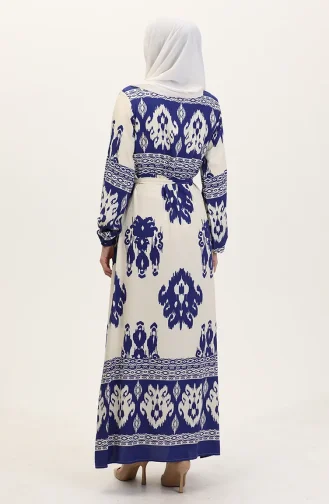 Patterned Viscose Dress 0006-06 Indigo Beige 0006-06