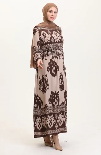 Desenli Viskon Elbise 0006-07 Kahve Sütlü Kahve