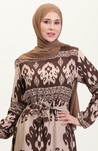 Desenli Viskon Elbise 0006-07 Kahve Sütlü Kahve