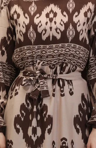 Desenli Viskon Elbise 0006-07 Kahve Sütlü Kahve