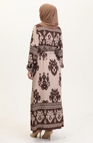 Desenli Viskon Elbise 0006-07 Kahve Sütlü Kahve