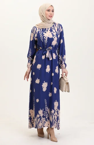 Desenli Kuşaklı Viskon Elbise 0018-06 İndigo Bej