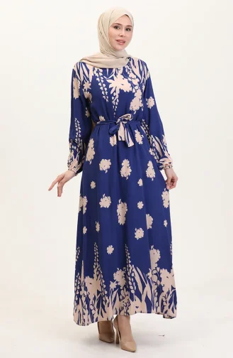 Desenli Kuşaklı Viskon Elbise 0018-06 İndigo Bej
