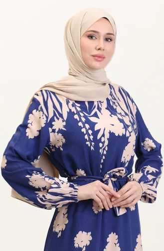 Desenli Kuşaklı Viskon Elbise 0018-06 İndigo Bej