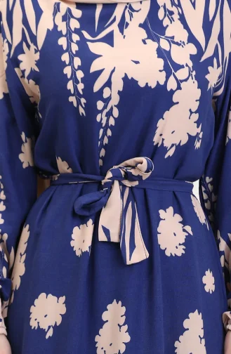 Desenli Kuşaklı Viskon Elbise 0018-06 İndigo Bej