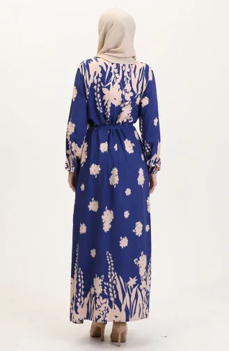 Desenli Kuşaklı Viskon Elbise 0018-06 İndigo Bej