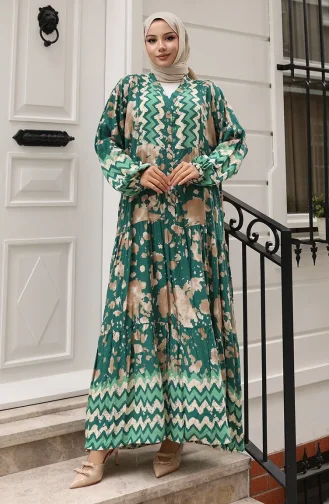 Alaçatı Desenli Yarım Düğmeli Viskon Elbise 0041-01 Yeşil
