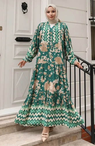 Alaçatı Desenli Yarım Düğmeli Viskon Elbise 0041-01 Yeşil
