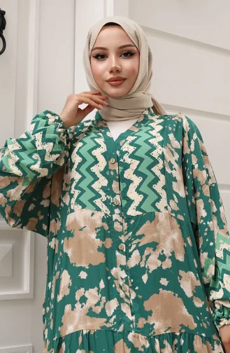 Alaçatı Desenli Yarım Düğmeli Viskon Elbise 0041-01 Yeşil