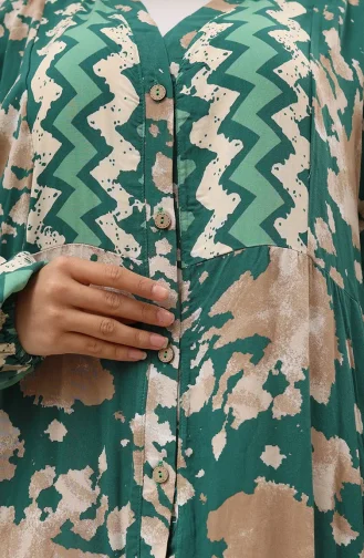 Alaçatı Desenli Yarım Düğmeli Viskon Elbise 0041-01 Yeşil