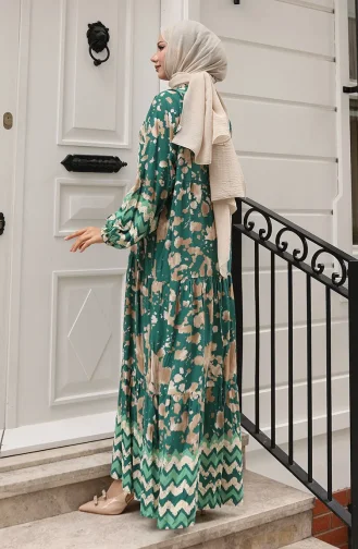 Alaçatı Desenli Yarım Düğmeli Viskon Elbise 0041-01 Yeşil