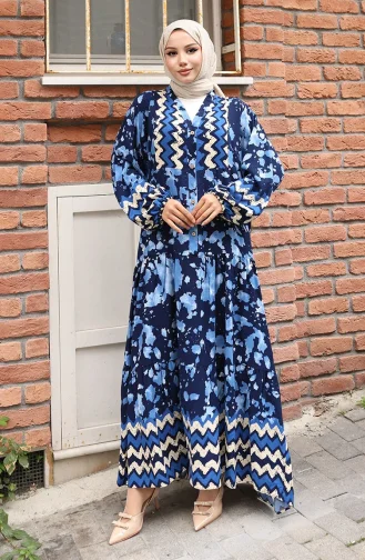 Alaçatı Desenli Yarım Düğmeli Viskon Elbise 0041-02 Lacivert