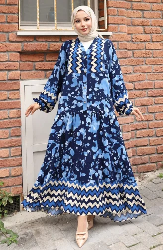 Alaçatı Desenli Yarım Düğmeli Viskon Elbise 0041-02 Lacivert