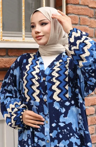 Alaçatı Desenli Yarım Düğmeli Viskon Elbise 0041-02 Lacivert