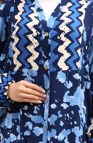 Alaçatı Desenli Yarım Düğmeli Viskon Elbise 0041-02 Lacivert