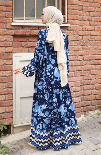 Alaçatı Desenli Yarım Düğmeli Viskon Elbise 0041-02 Lacivert