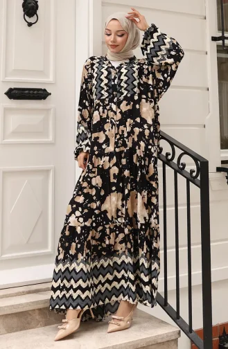 Alaçatı Desenli Yarım Düğmeli Viskon Elbise 0041-03 Siyah