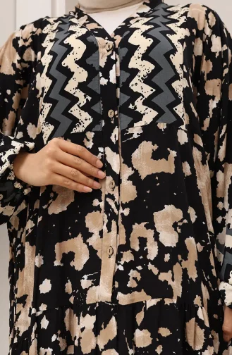 Alaçatı Desenli Yarım Düğmeli Viskon Elbise 0041-03 Siyah