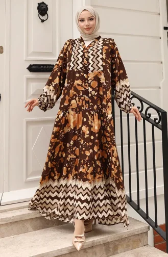 Alaçatı Desenli Yarım Düğmeli Viskon Elbise 0041-04 Kahverengi