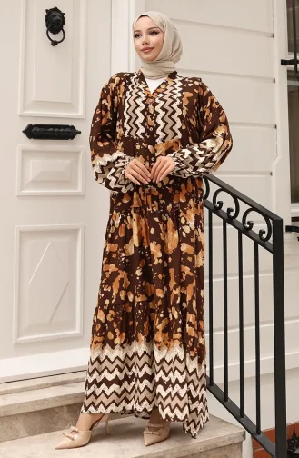 Alaçatı Desenli Yarım Düğmeli Viskon Elbise 0041-04 Kahverengi