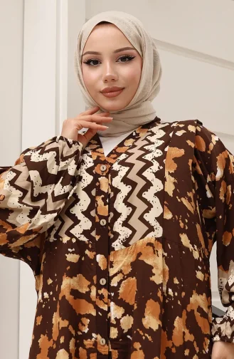 Alaçatı Desenli Yarım Düğmeli Viskon Elbise 0041-04 Kahverengi