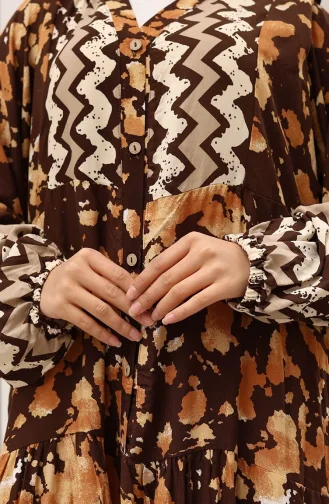 Alaçatı Desenli Yarım Düğmeli Viskon Elbise 0041-04 Kahverengi