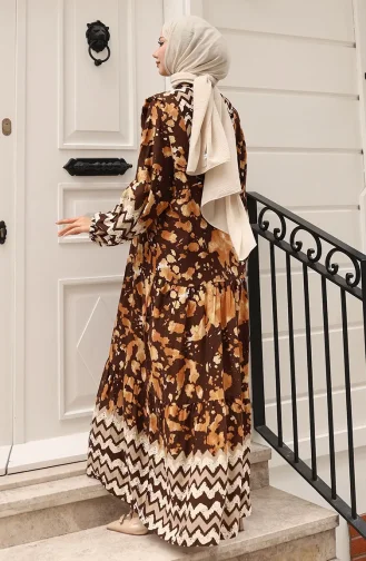 Alaçatı Desenli Yarım Düğmeli Viskon Elbise 0041-04 Kahverengi