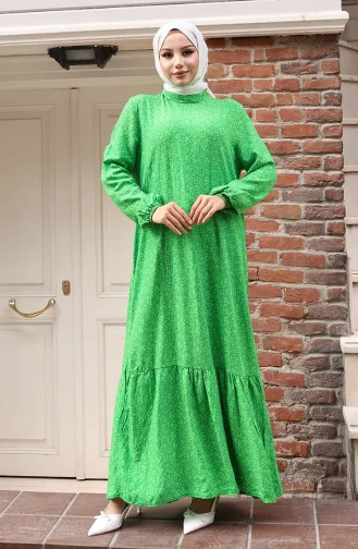 Viscose Fabric Elastic Sleeve Patterned Dress 2015-01 Green 2015-01