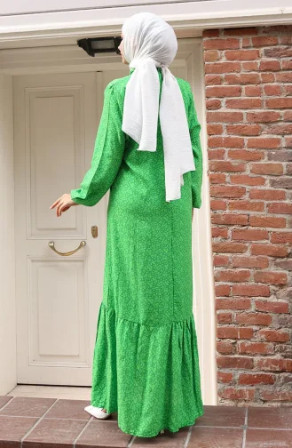 Viskon Kumaş Kolu Lastikli Desenli Elbise 2015-01 Yeşil