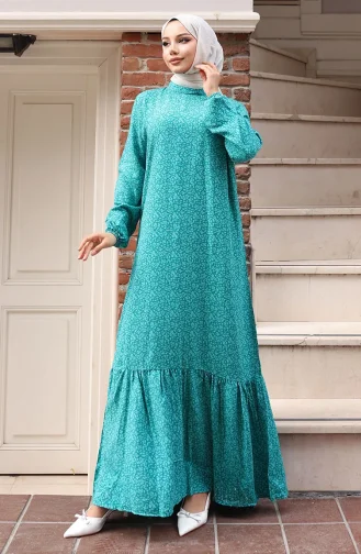 Viskon Kumaş Kolu Lastikli Desenli Elbise 2015-03 Çağla Yeşili