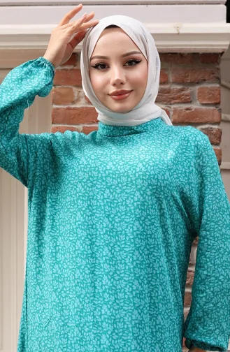 Viskon Kumaş Kolu Lastikli Desenli Elbise 2015-03 Çağla Yeşili