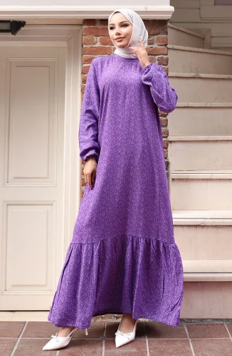 Viskon Kumaş Kolu Lastikli Desenli Elbise 2015-04 Mor